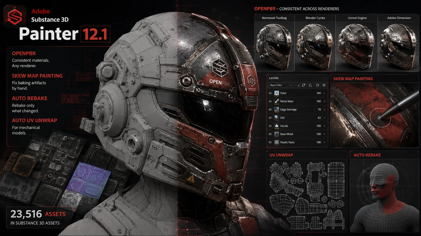 Adobe Substance 3D Painter 12.1 adds OpenPBR and faster texture baking